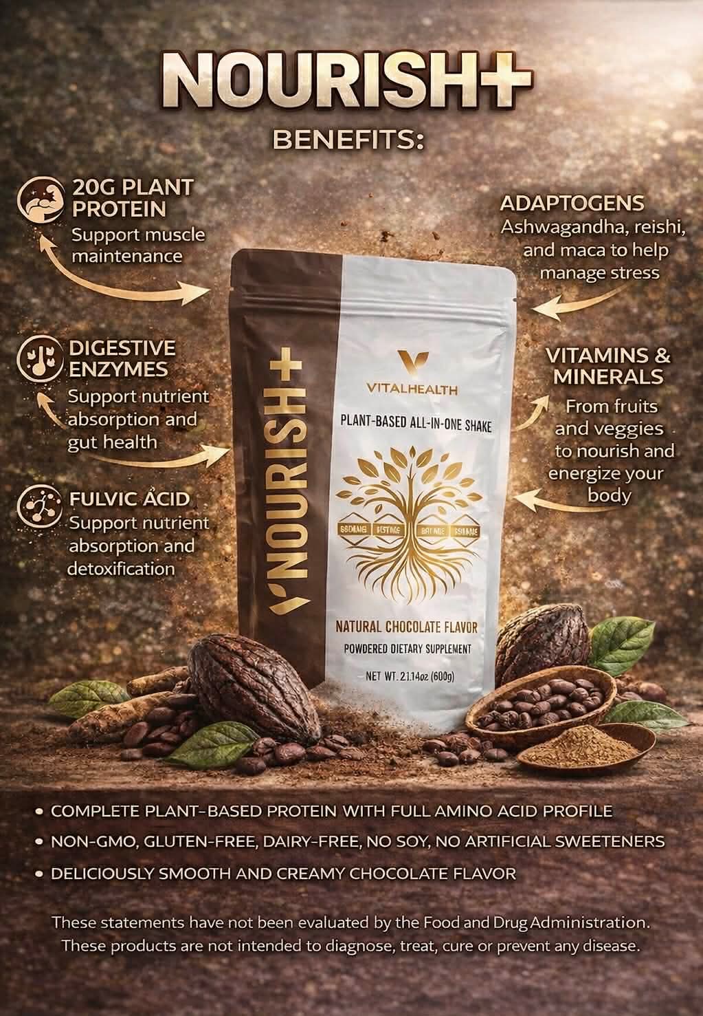 VITALHEALTH NOURISH+ | Premium All-In-One Superfood Protein Shake - 600g