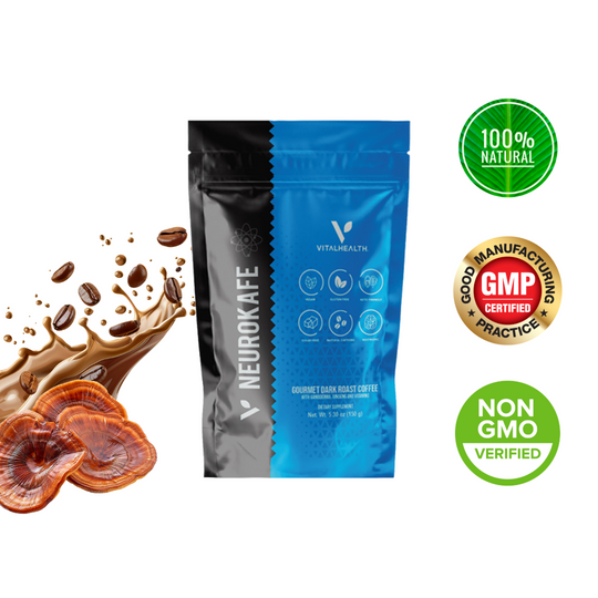 VITALHEALTH Neurokafe Natural Caffeine, Sugar Free, Gluten Free, Vegan, Non GMO, Good Manufacturing Practice Certified Gourmet Dark Roast Coffee with ganoderma, Ginseng and Vitamins Dietary Supplement 150 g