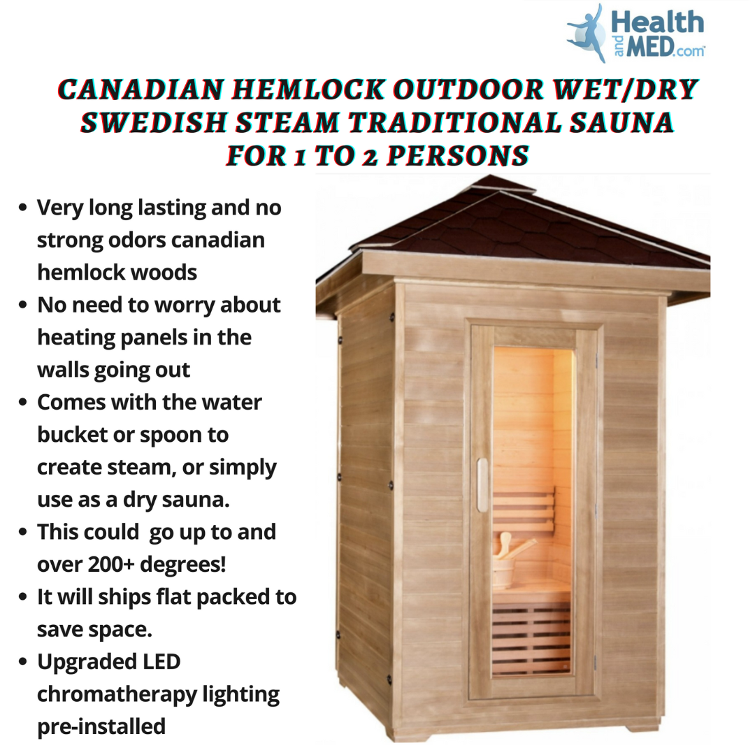Canadian Hemlock OUTDOOR Wet/Dry Swedish Steam Traditional Sauna for 1 to 2 Persons