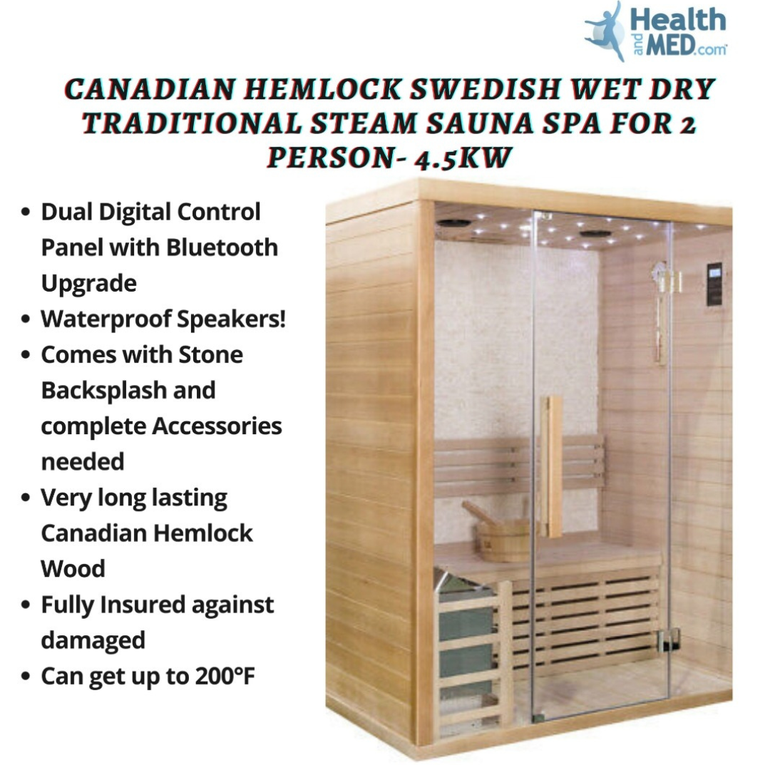 Canadian Hemlock Swedish Wet Dry Traditional Steam Sauna Spa for 2 Person.