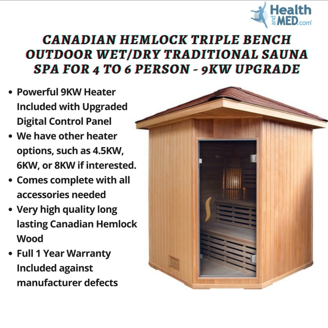 Canadian Hemlock Triple Bench Outdoor Wet/Dry Traditional Sauna Spa for 4 to 6 Person