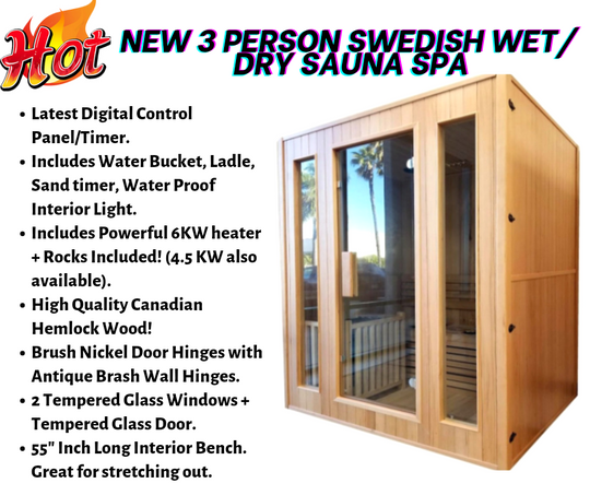 Canadian Hemlock Indoor Swedish Wet/Dry Sauna Spa for 2 to 3 persons