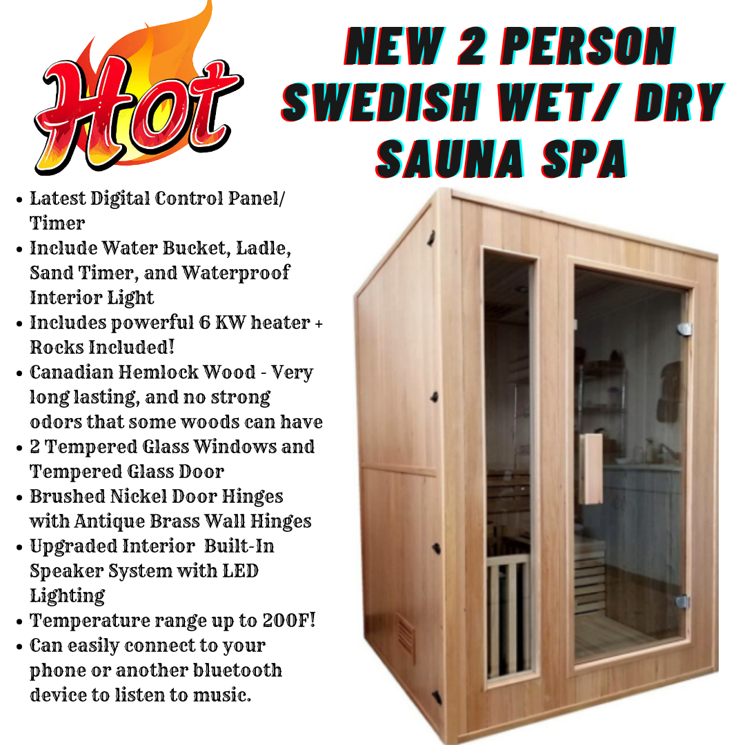 Canadian Hemlock Indoor Spa HOT Traditional Wet / Dry Steam Sauna 6 KW heater for 1 or 2 Person.