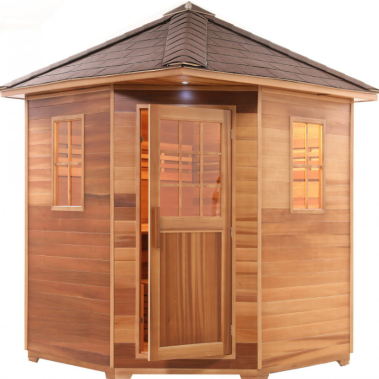 Outdoor Traditional Wet / Dry 4 Person Steam Sauna SPA w/ Shingled Roof Canadian Cedar Harvia 6KW