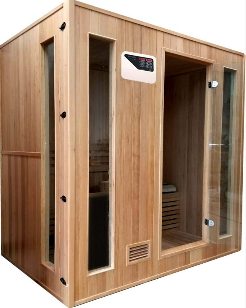 72" 4 Persons Indoor Canadian Hemlock Wood Swedish Wet or Dry Steam Sauna Spa 6KW heater side view
