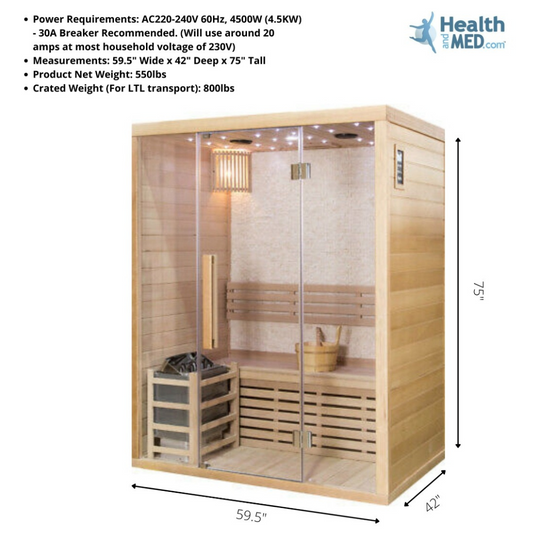 Canadian Hemlock Swedish Wet Dry Traditional Steam Sauna Spa for 2 Person.