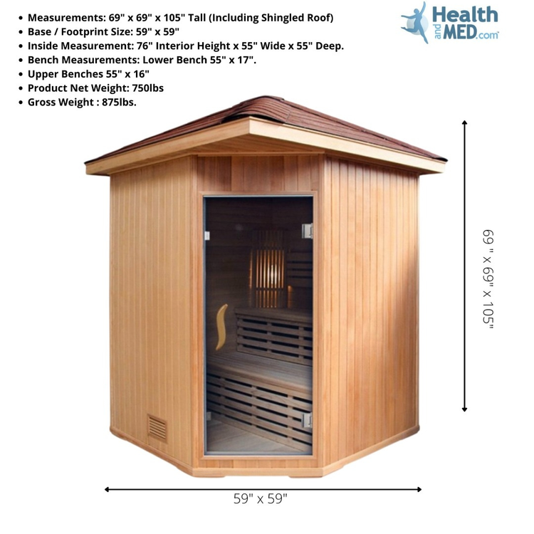 Canadian Hemlock Triple Bench Outdoor Wet/Dry Traditional Sauna Spa for 4 to 6 Person