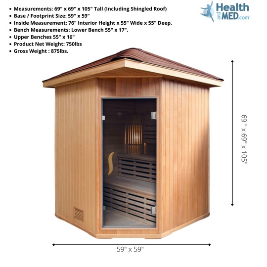 Canadian Hemlock Triple Bench Outdoor Wet/Dry Traditional Sauna Spa for 4 to 6 Person