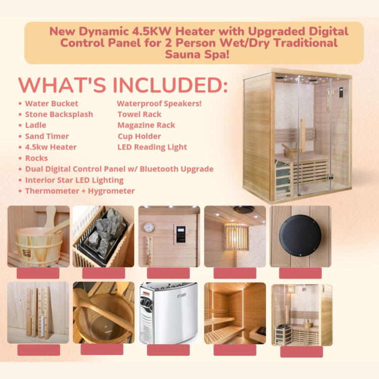 Canadian Hemlock Swedish Wet Dry Traditional Steam Sauna Spa for 2 Person.