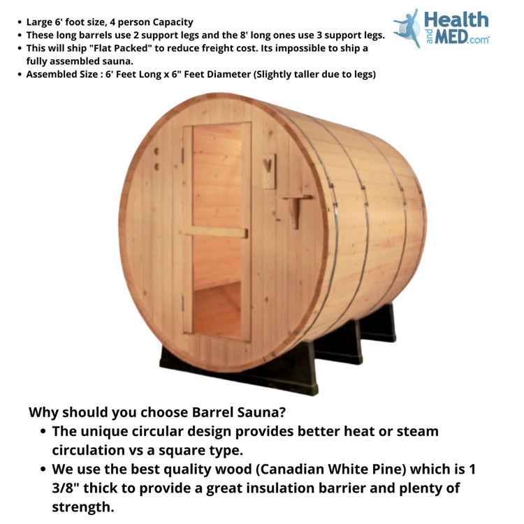 Canadian Pine Wood Burning Heater Barrel 6' Foot Wet Dry Sauna Spa for 4 Persons