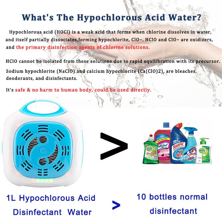 Hypochlorous Acid (HOCl or HClO) Disinfectant Water Generator