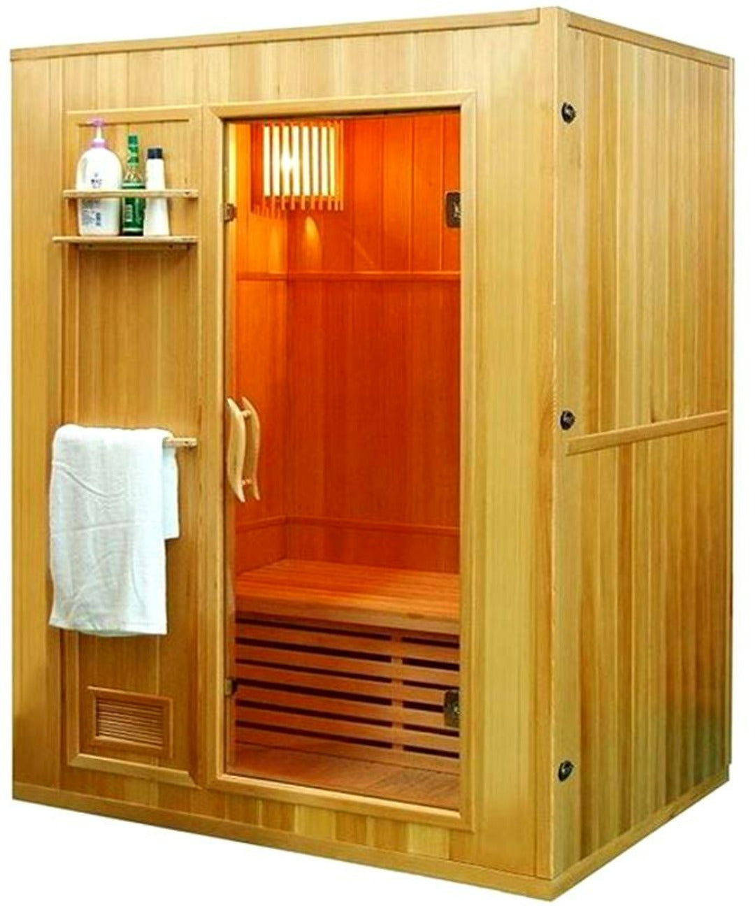Canadian Hemlock Traditional Wet? Dry Steam Sauna Spa for 2 to 3 Persons. 6KW Heater, Front View