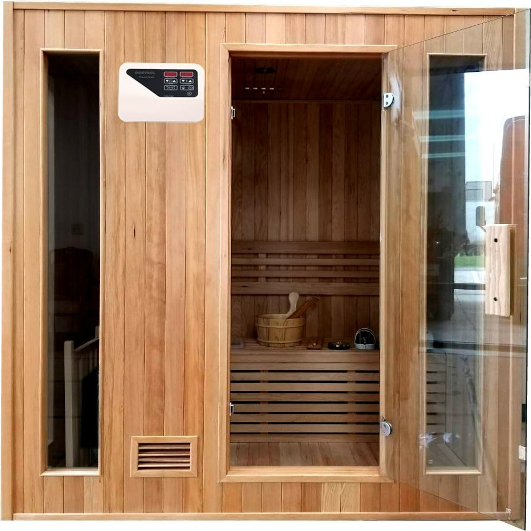 72" Canadian Hemlock Swedish Wet or Dry Indoor Steam Sauna Spa for 4 Persons with 6KW Heater and Digital Control Panel Upgraded