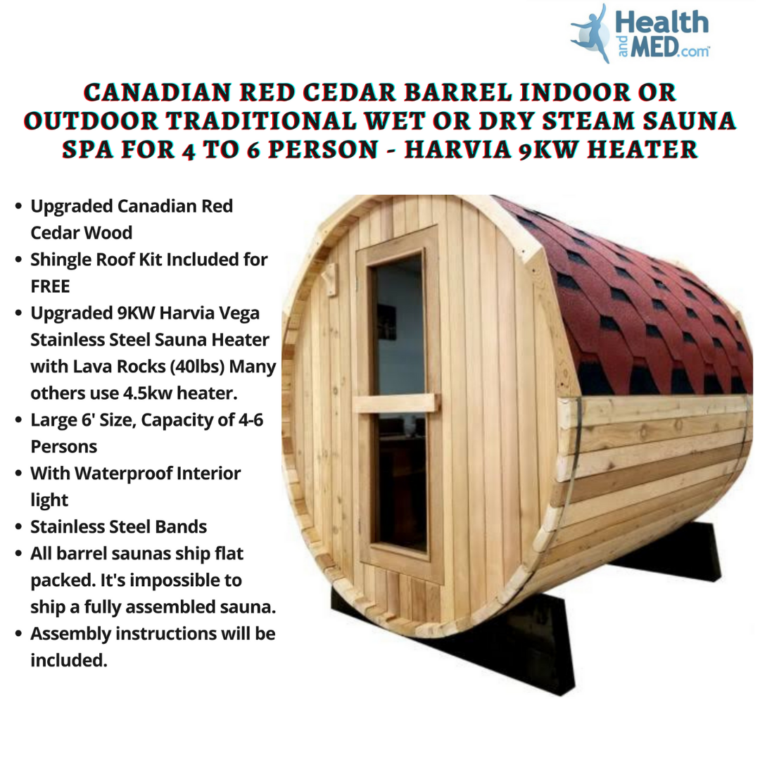 6' Canadian Red Cedar Barrel Sauna Spa, Usable for 4 to 6 Persons
