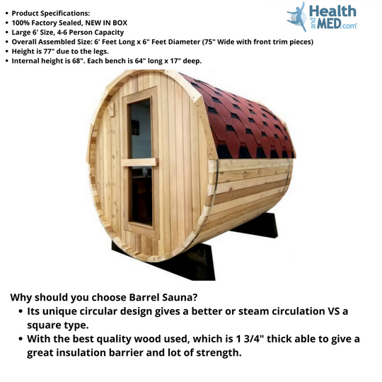 6' Canadian Red Cedar Barrel Sauna Spa, Usable for 4 to 6 Persons