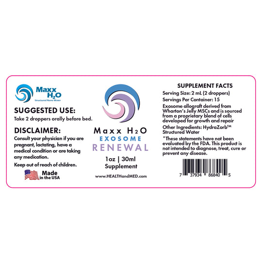 Label of the Maxx H2O Exosome Renewal Supplement