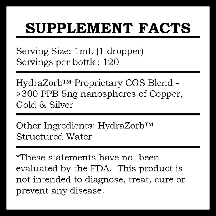 Supplement Facts for H2O Shield Nano Copper Gold Silver Blend