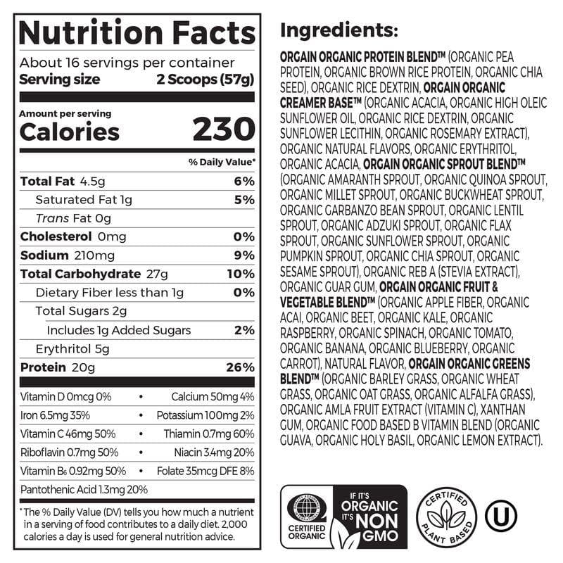 Orgain Organic Vanilla Meal Powder ingredients