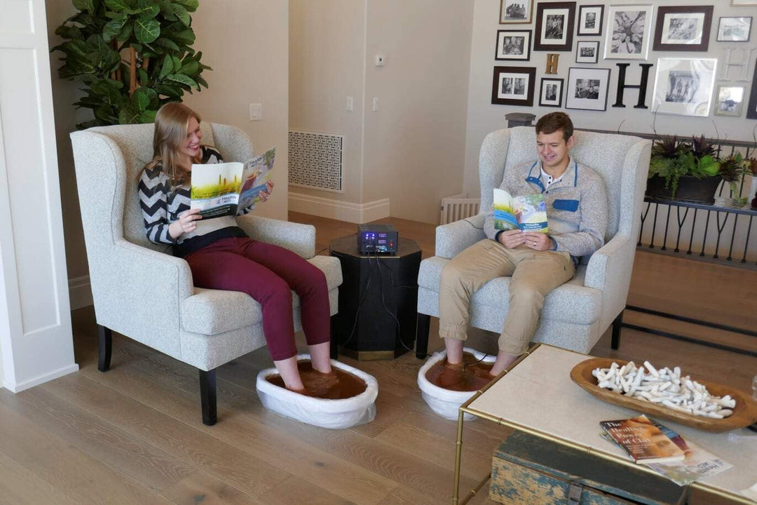 Woman and Man Using IonizeMe Maxx Dual Ionic Detox Foot Bath System