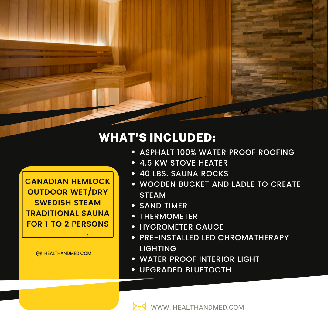 Canadian Hemlock OUTDOOR Wet/Dry Swedish Steam Traditional Sauna for 1 to 2 Persons